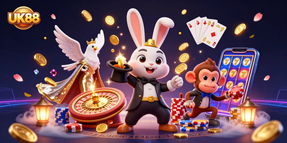 Experience the magic of UK88 with a thrilling 3D casino scene of a magician, dove, and monkey in action.