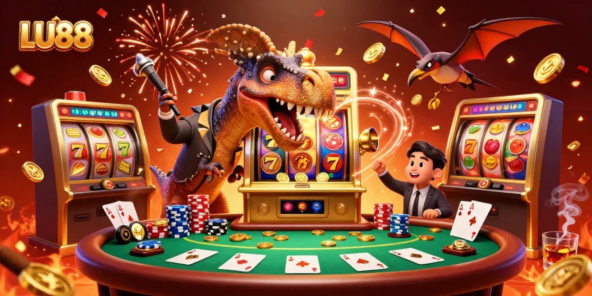 LU88 slots action scene featuring a dinosaur winning coins with excitement.