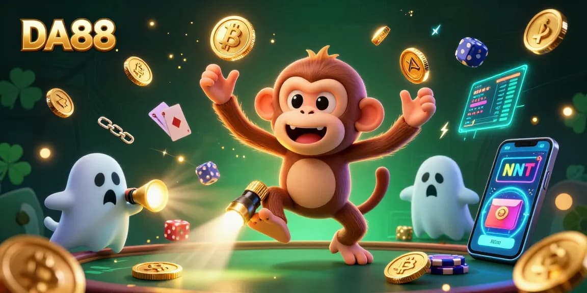 Experience the spirited action at DA88, where a ghost-hunter puppy follows a poltergeist monkey juggling golden casino tokens.