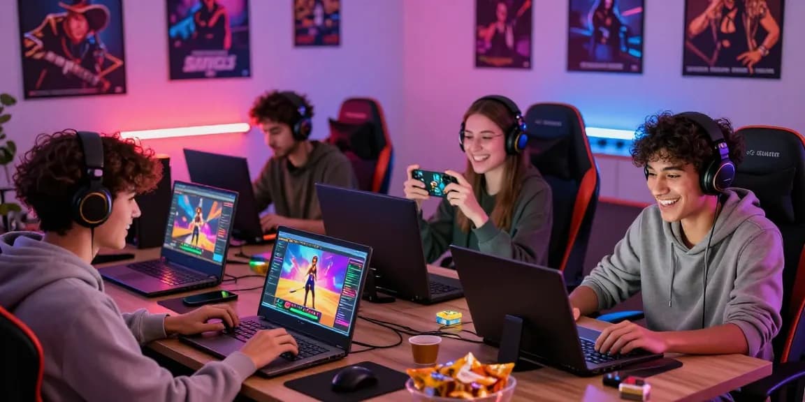 Gamers enjoying html porn games in a vibrant gaming setup, showcasing diversity and engagement