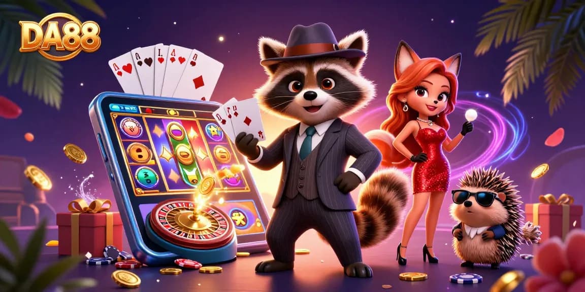 Experience the thrill of DA88 with a raccoon and friends showcasing vibrant casino elements.