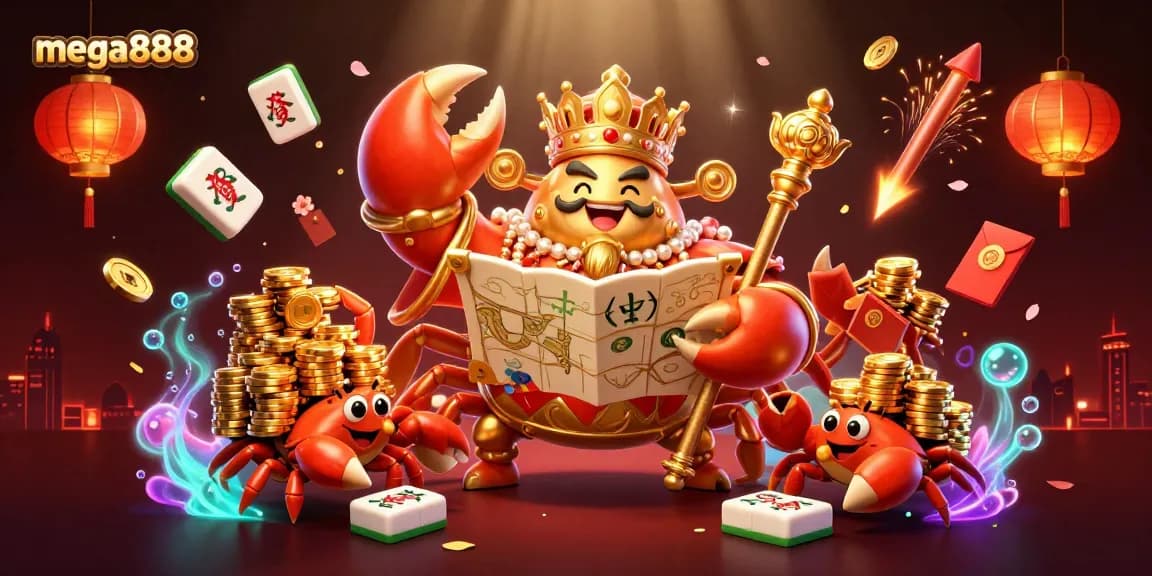 Experience the thrill of mega888 with a golden crab emperor and exciting casino elements in a vibrant scene.