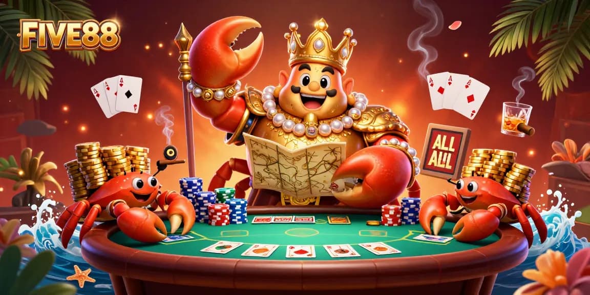 Experience the thrill of FIVE88 with a vibrant 3D gaming scene showcasing poker elements and a golden crab emperor.