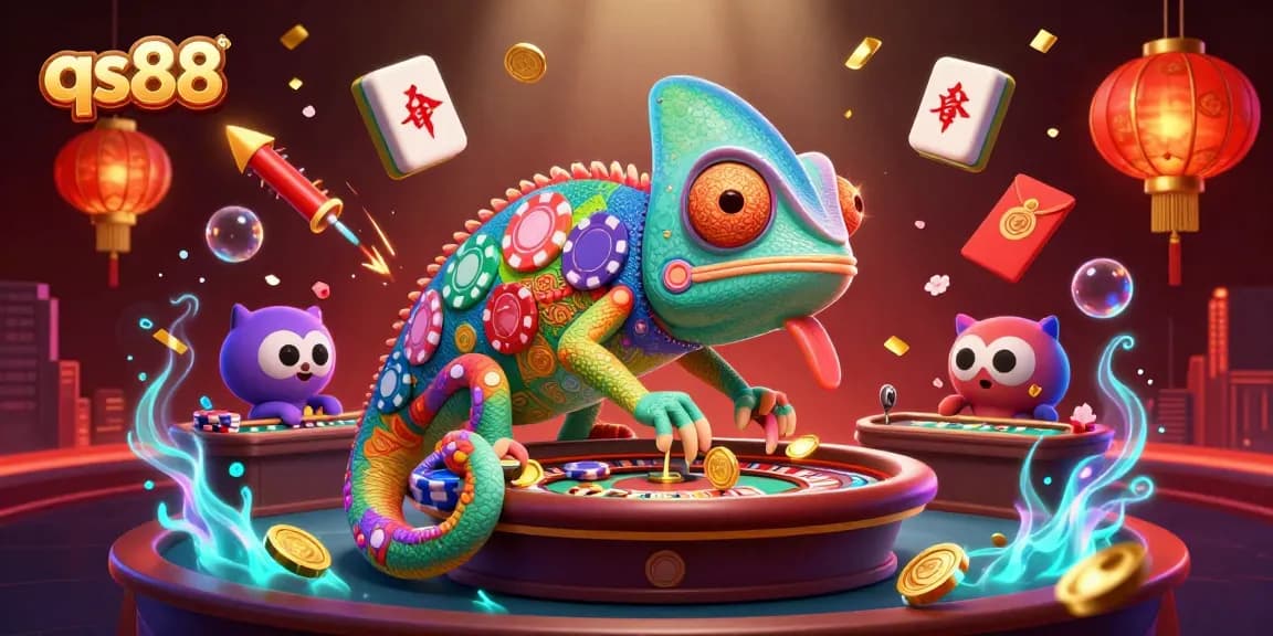 Experience qs88 excitement with the chameleon casino owner amidst floating Mahjong tiles and cherry blossoms.