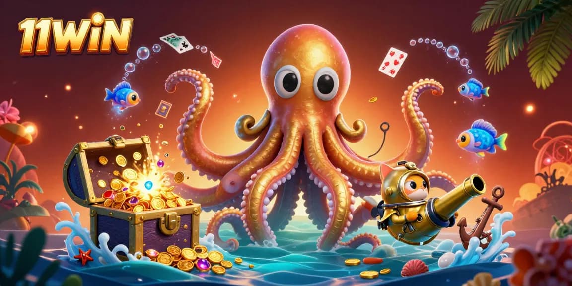 Engage with the colorful 11WIN slot explosion as kraken, cat, and fish dive into treasures.