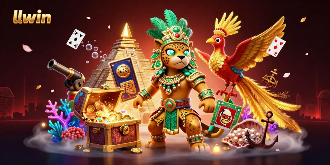 Win big with llwin's dynamic casino experience featuring a Mayan jaguar priest, vibrant treasures, and slot reels.