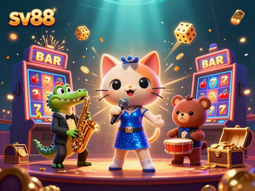 sv88 jazz-themed 3D illustration with cartoon characters celebrating casino wins amidst vivid jackpot elements.