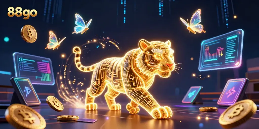 Experience thrilling gaming with 88go in a digital casino landscape filled with golden elements and vibrant crypto coins.