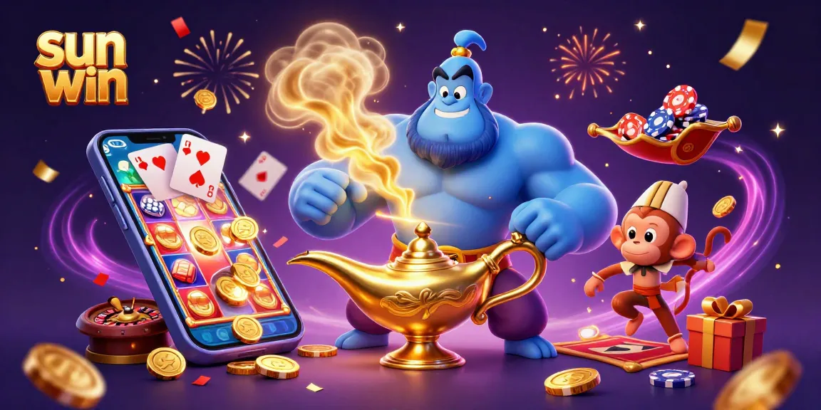 Spin to win at sun win with a lively casino scene featuring a genie and gaming elements.
