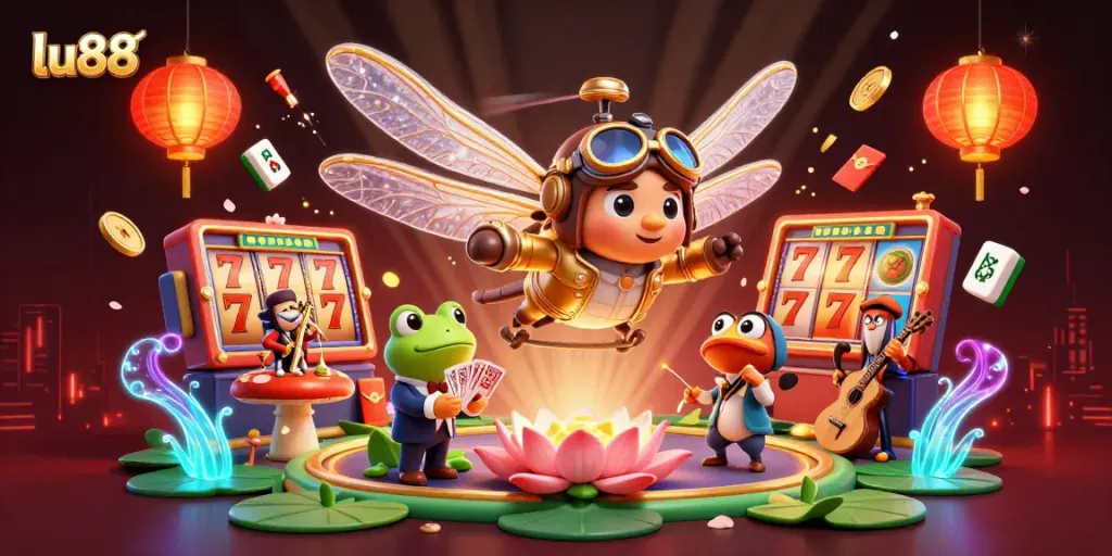 Engage in exciting gaming experiences with lu88, where vibrant slot reels spin and a frog croupier deals cards.
