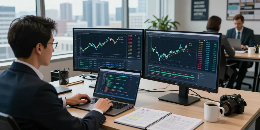 Professional analyzing cryptocurrency transaction tracing data in a modern office.