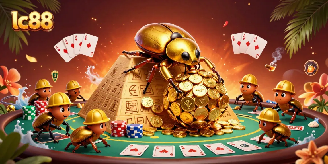 Experience the excitement of lc88 with golden beetles rolling coins on a casino-themed pyramid illustration.
