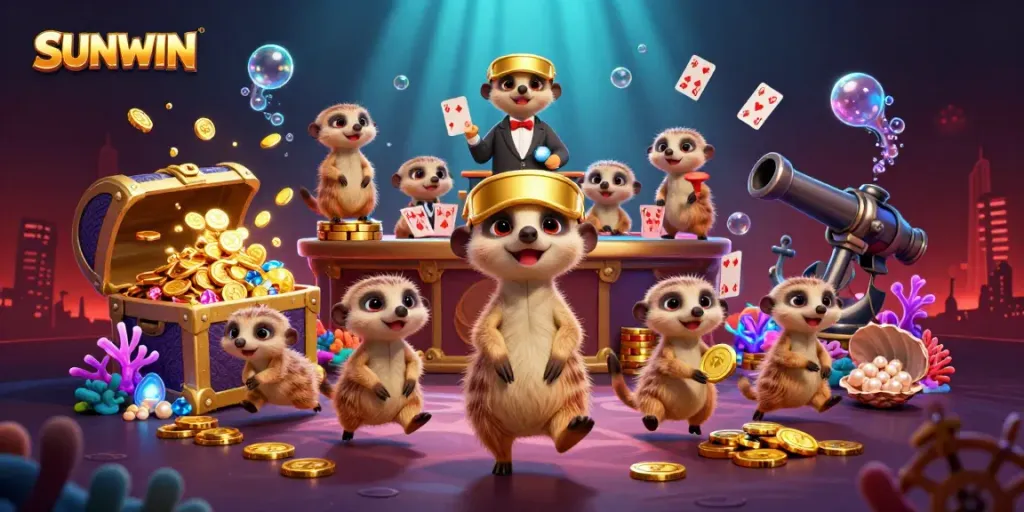 Engaging scene of meerkats managing SUNWIN casino with dynamic underwater adventure elements.