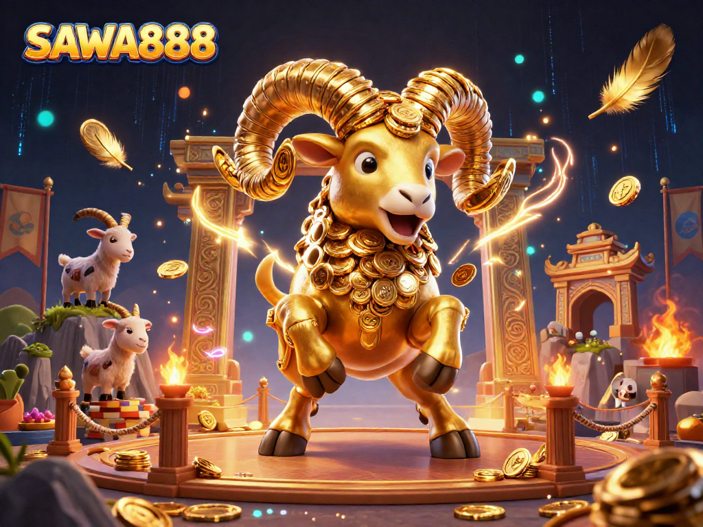 Experience thrilling gameplay with SAWA888's stunning 3D cartoon visuals showcasing golden characters and casino elements.
