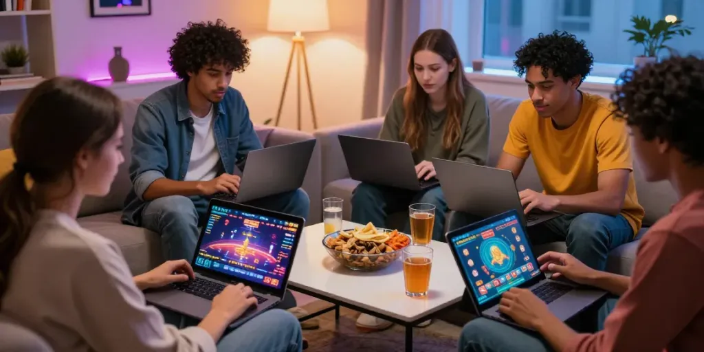 Engaging online gaming scene with friends enjoying casino games at http://11bet-app.net/ in a cozy living room.