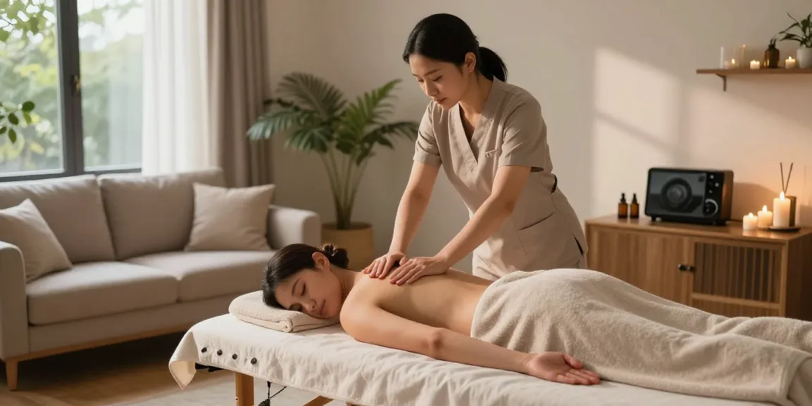 Relaxing 선릉출장안마 massage therapy session in a serene living room with natural light.