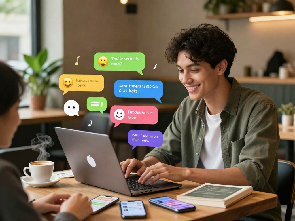 Engaging scene of a spicy chat among diverse individuals in a cozy café setting, emphasized through digital interactions.