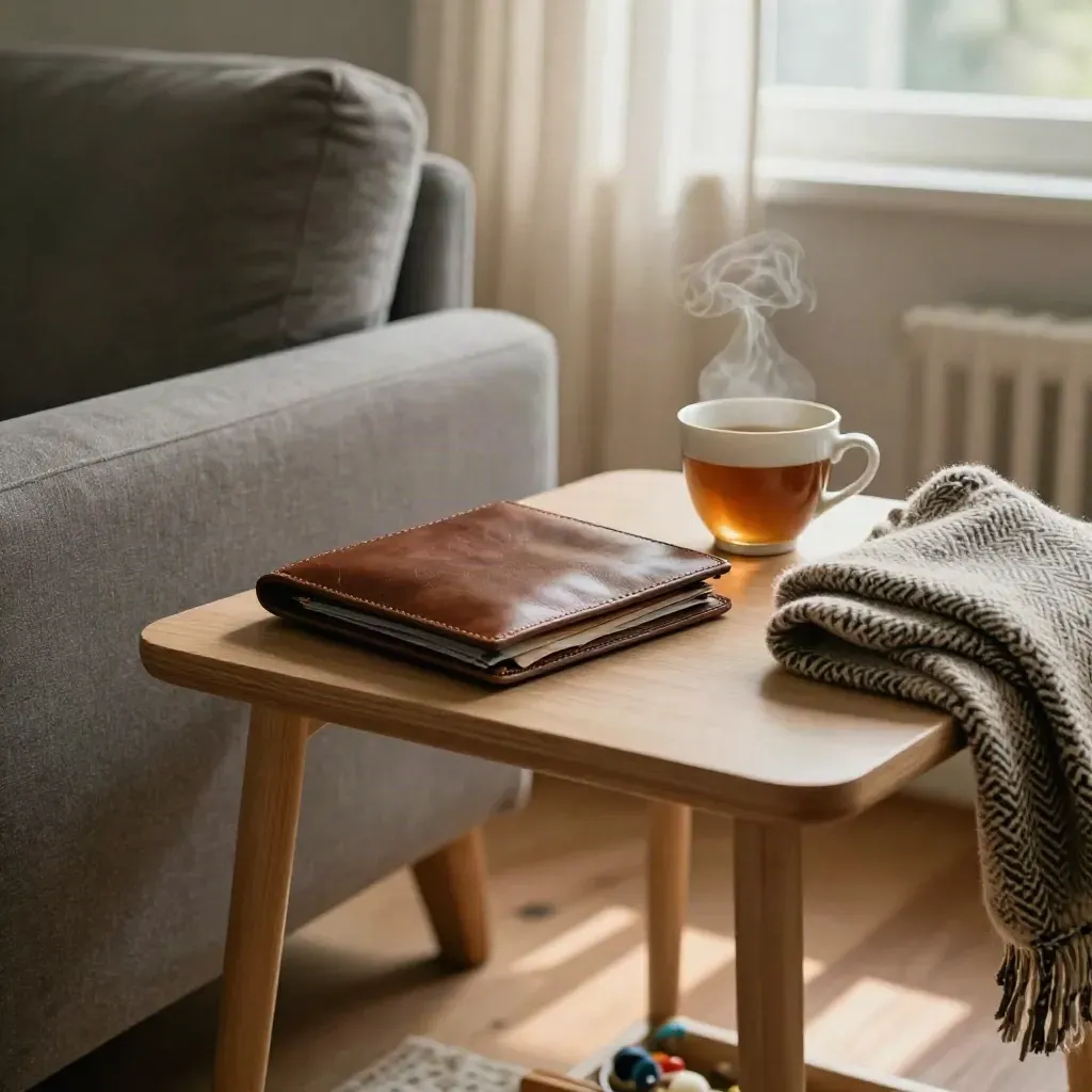 Family file wallet, tea cup, wool throw and child’s toy on a quiet sofa-side table at dusk.