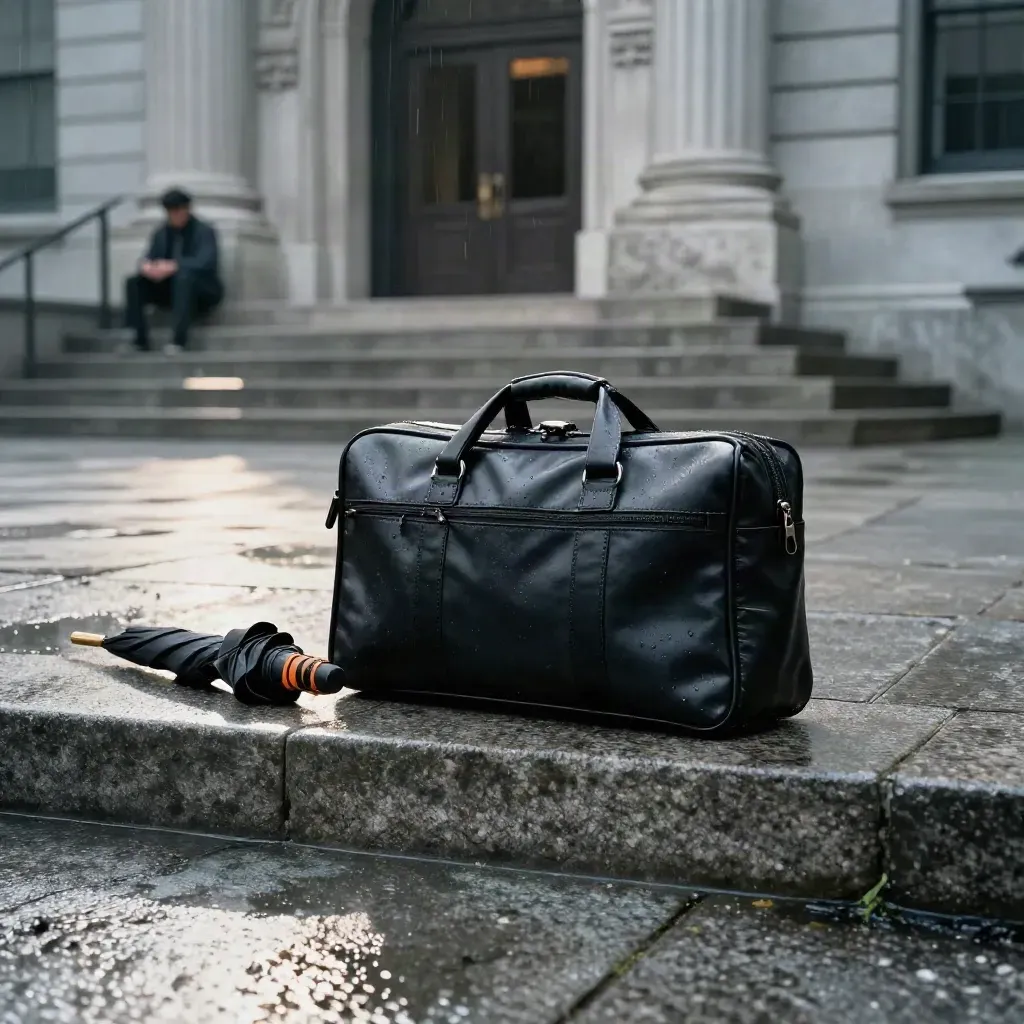 Rainy courthouse steps with a court bundle case and folded umbrella under a dark archway.