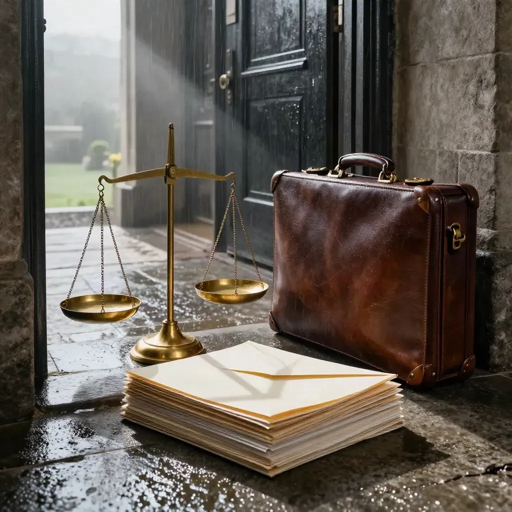 Rain-wet stone hall with brass scales, case folders, envelope and briefcase in dawn light.