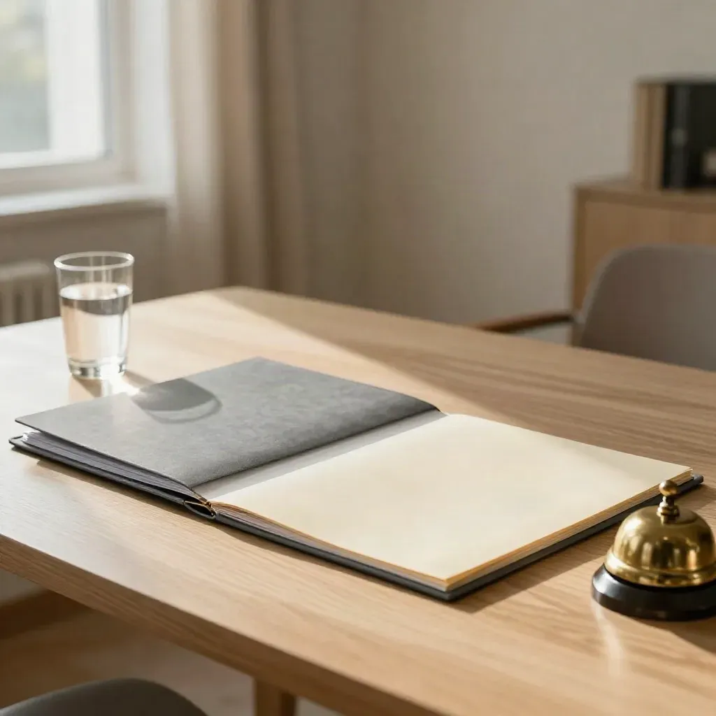 Clipped legal folders, water glass and brass bell on an oak negotiation table in warm daylight