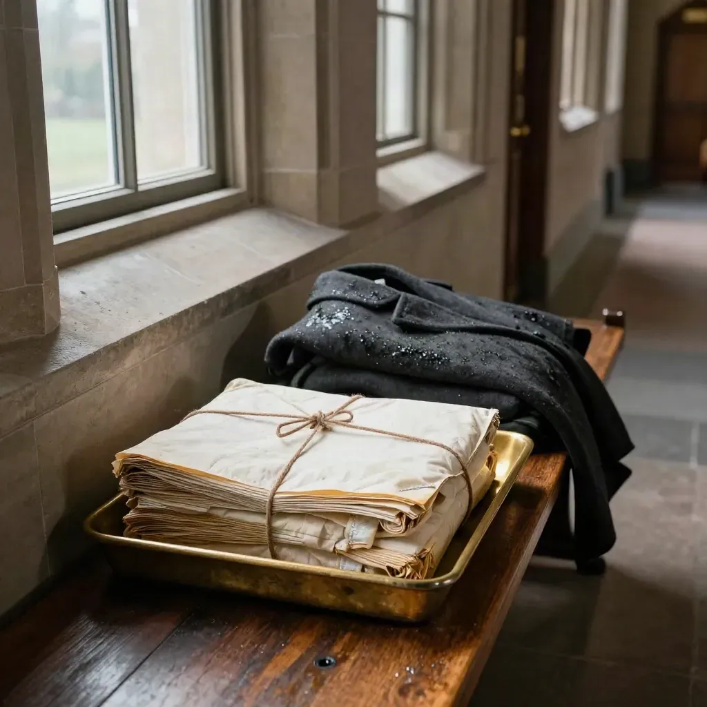 Court bundle and wool coat on a bench in a rain-lit courthouse corridor.