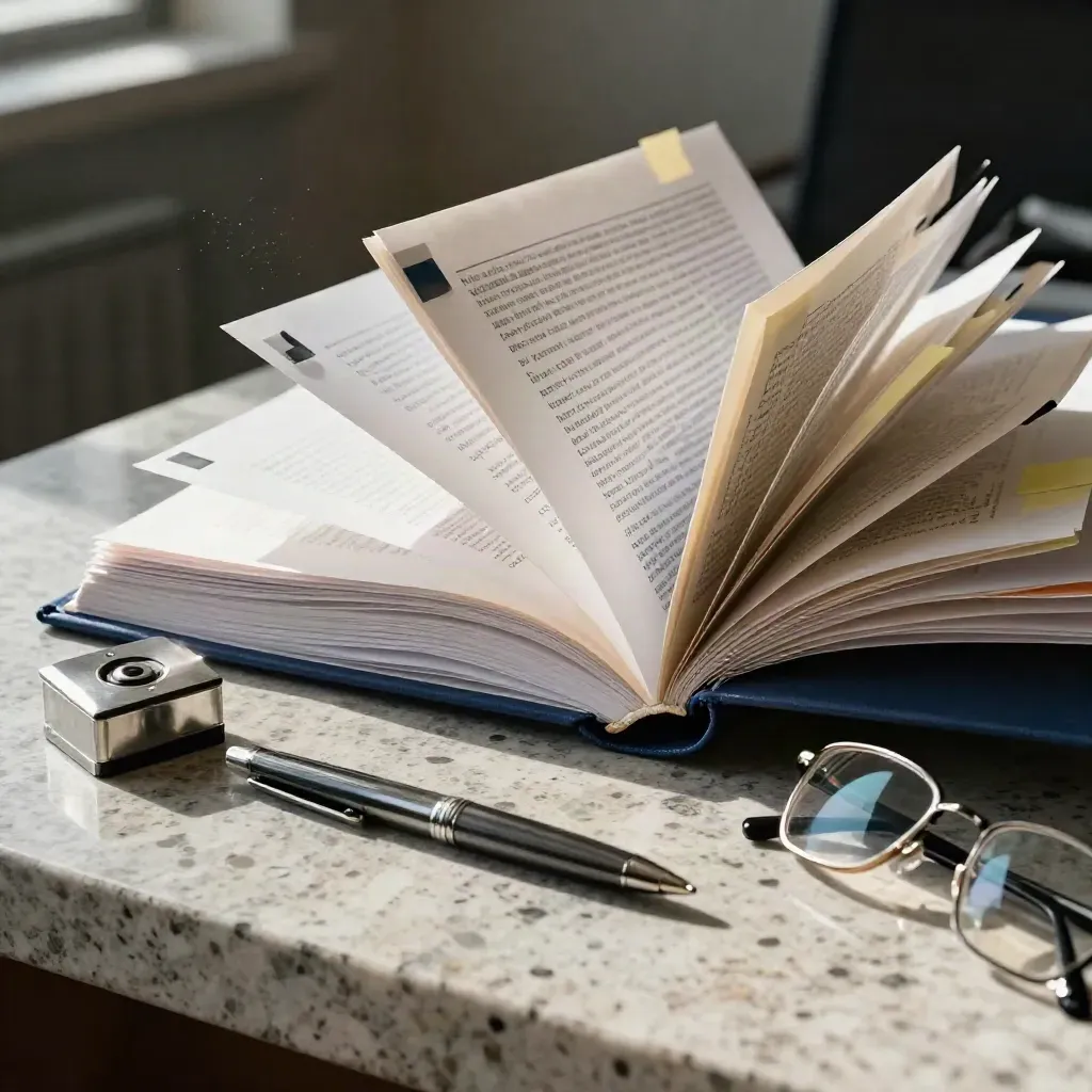 Open legal file with tabs, paperweight, pen and glasses on a stone desk in side light.