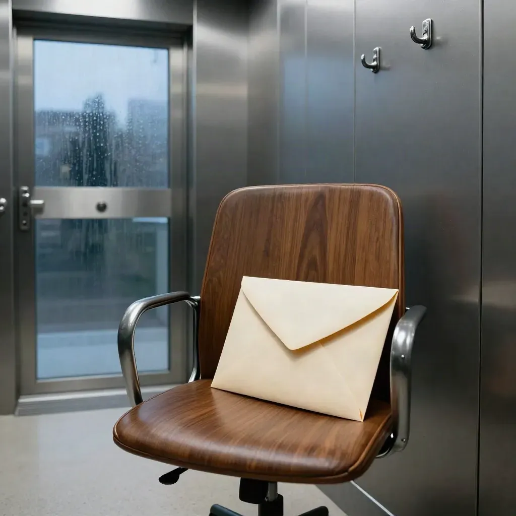Empty office chair beside a sealed severance envelope and file box in a blue-hour corridor.