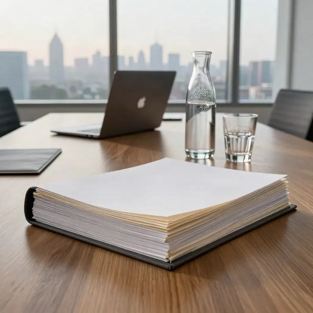 Boardroom briefing stack, shut laptop, and water carafe by a hazy dawn city window.