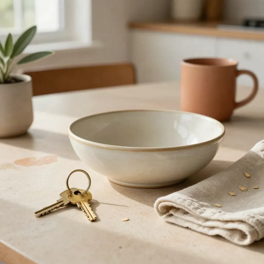 Late-afternoon kitchen still life with keys, ceramic bowl, linen cloth, plant and cooling mug.