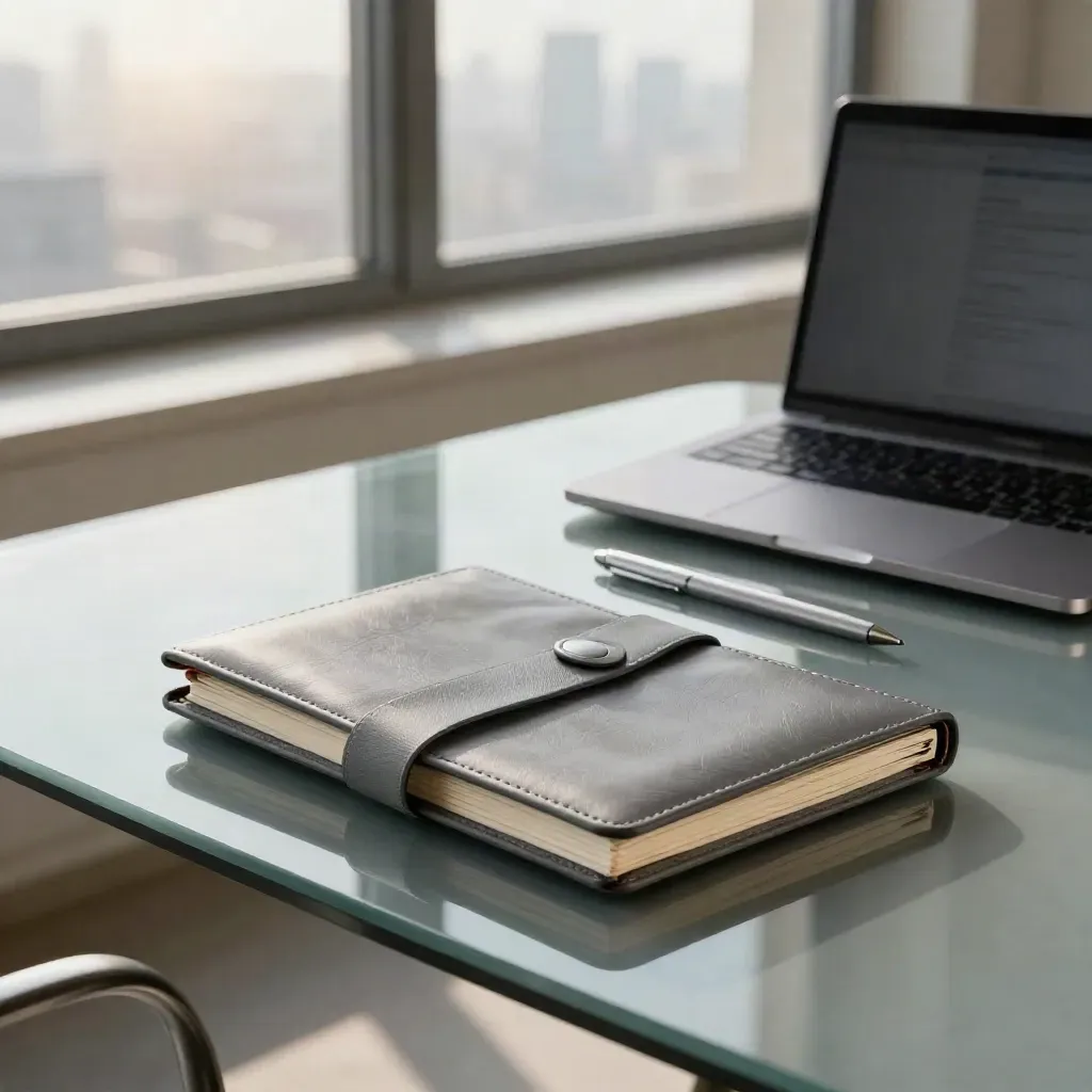 Slate-grey legal portfolio and shut laptop on a glass table by a city window at morning.
