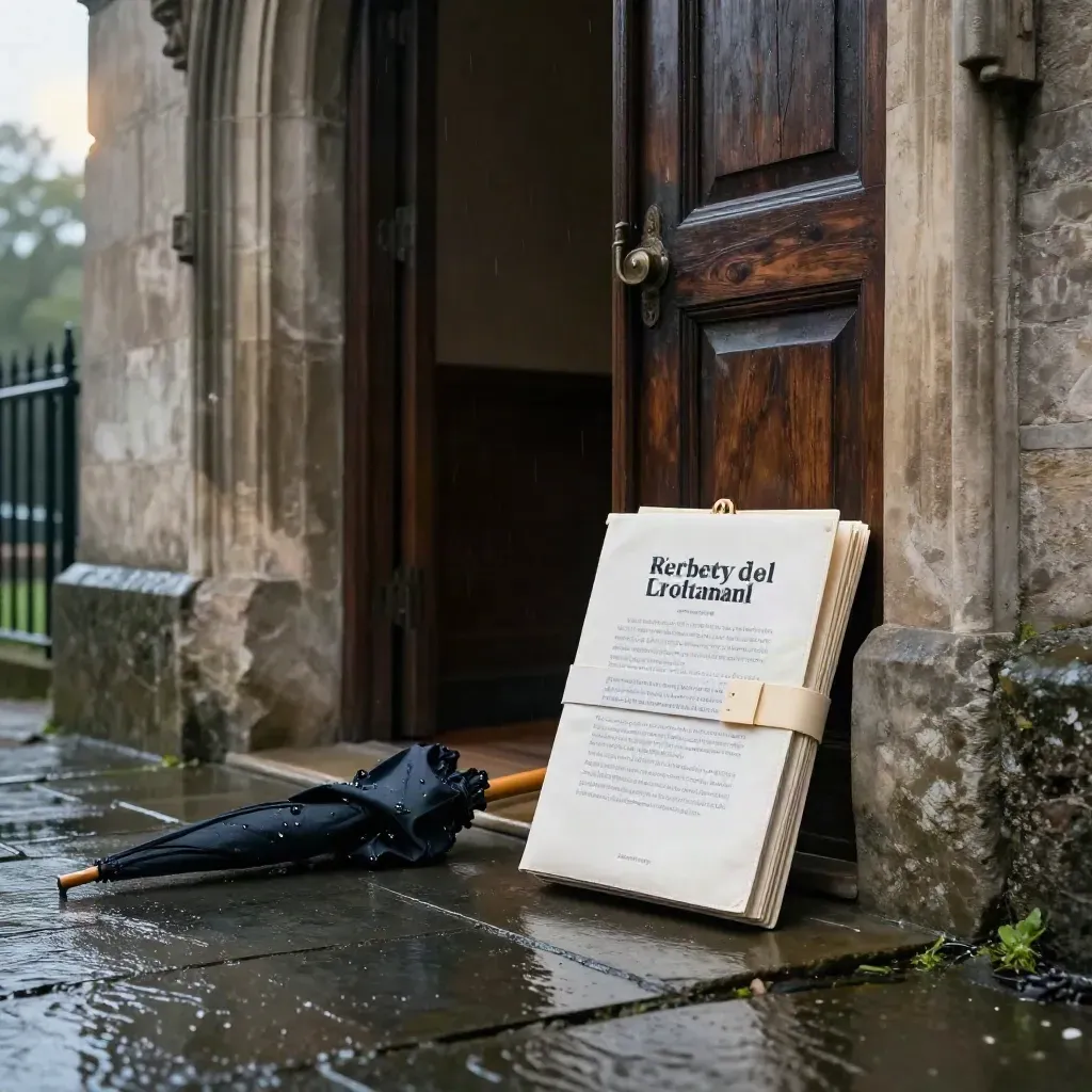 Rain-damp court papers and a folded umbrella beneath a stone archway
