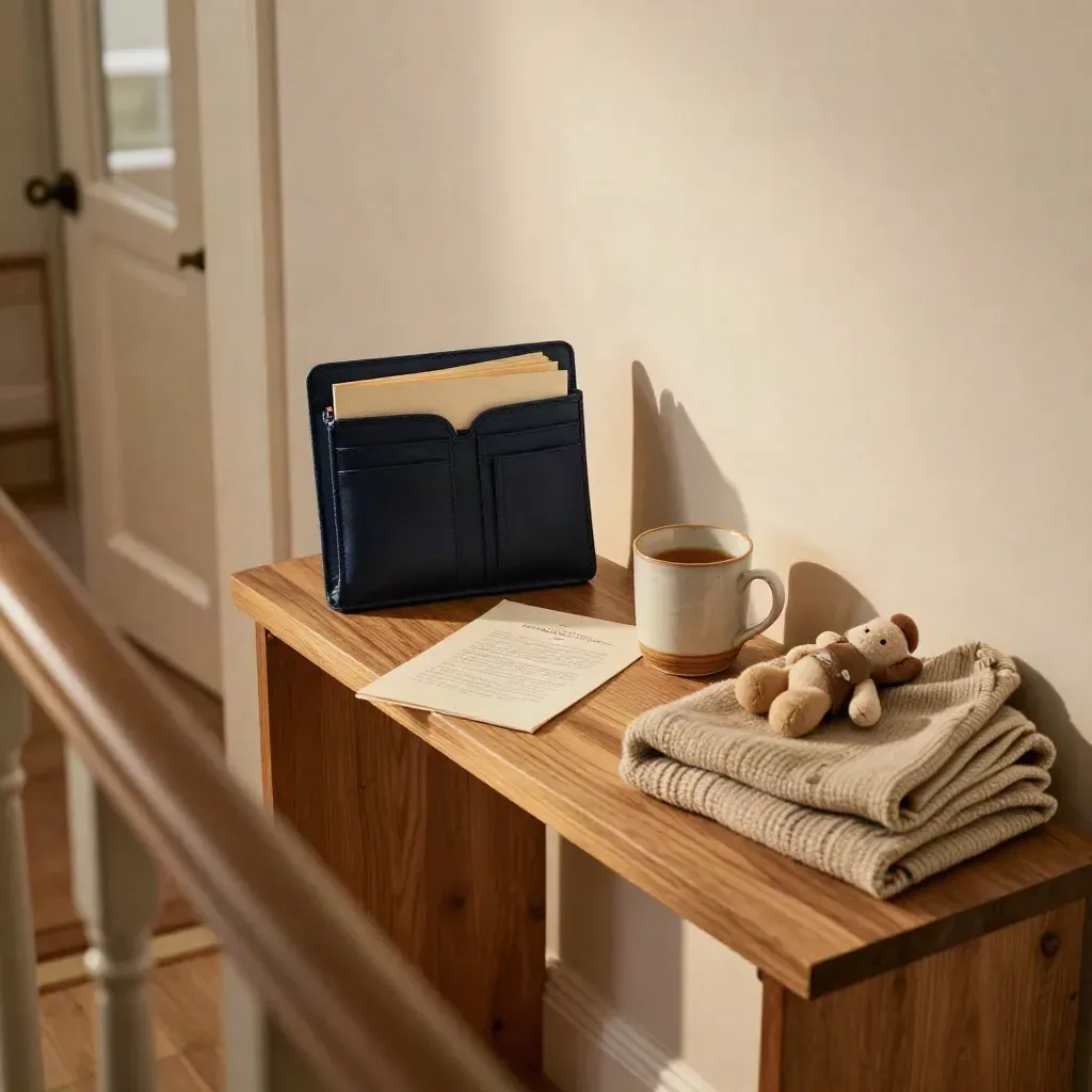 Hallway console still life with family agreement pack, mug, cardigan and toy in warm evening light.