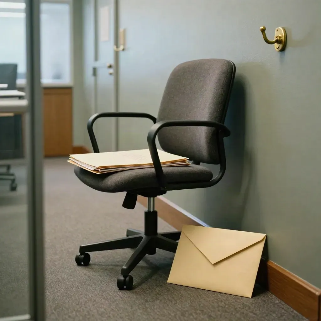 Late-afternoon office aisle with a swivel chair, coat hook and sealed employment advice folder.