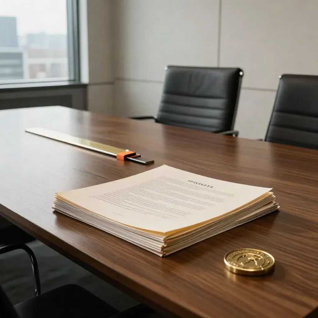 Empty boardroom with dispute papers, black chair and seal at table head in soft daylight.
