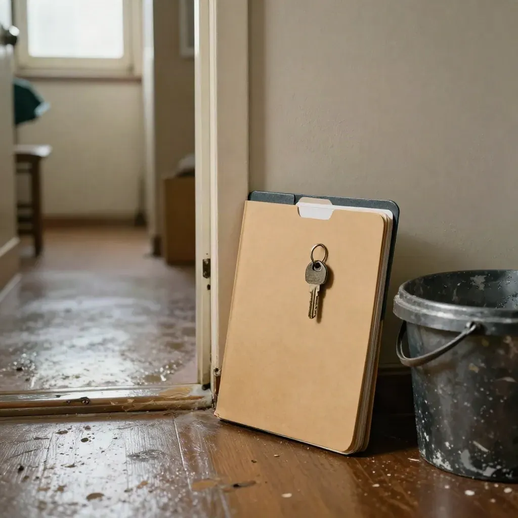 Closed tenant dispute folder, key ring, repair bucket, and chipped skirting in a rental corridor.