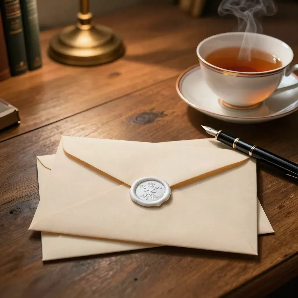 Sealed settlement letter, wax, pen and tea on an oak desk in warm evening light.