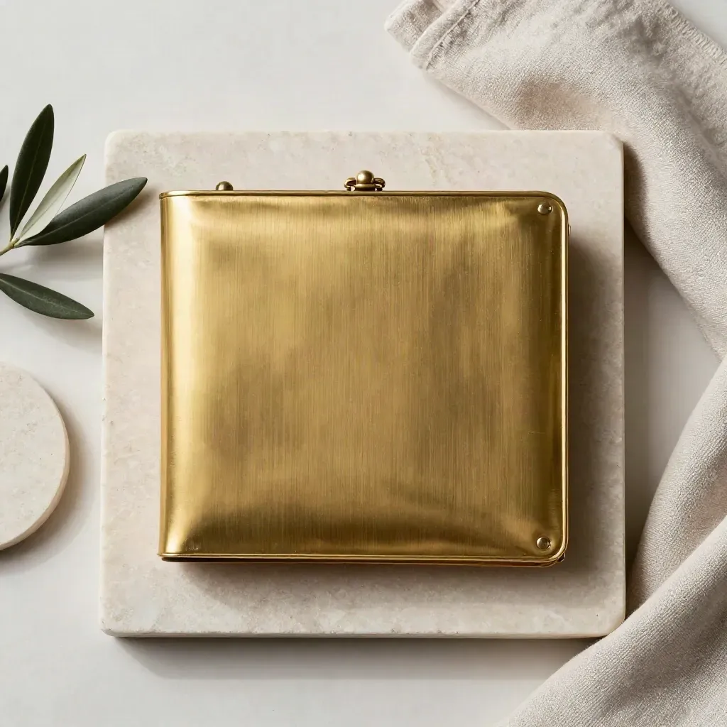 Cream legal file wallet with brass clasp, stone coaster and olive sprig on limestone.