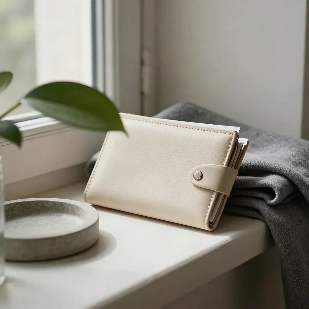 Cream document wallet with ring dish, leaf shadow and slate cloth on a pale plaster ledge.