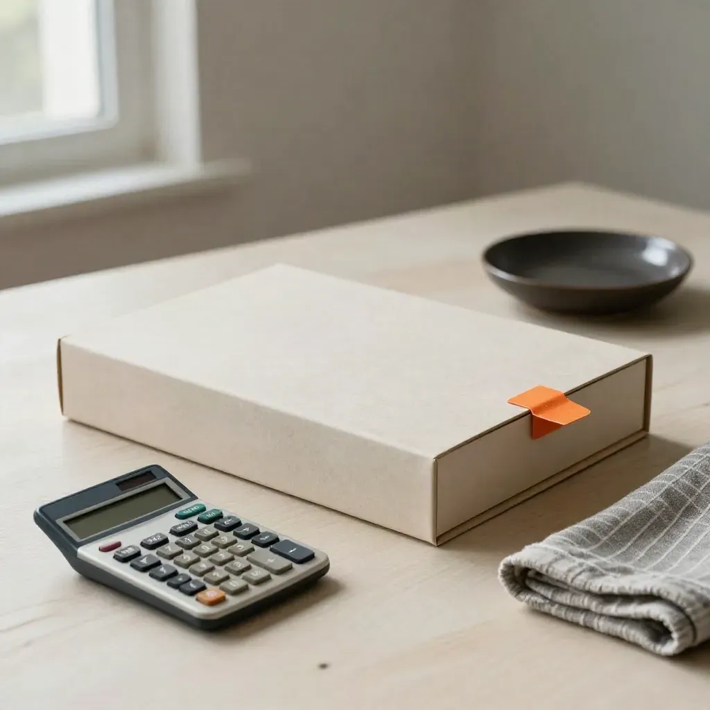Employment file box with calculator, ceramic dish and pinstripe cloth on pale wood.