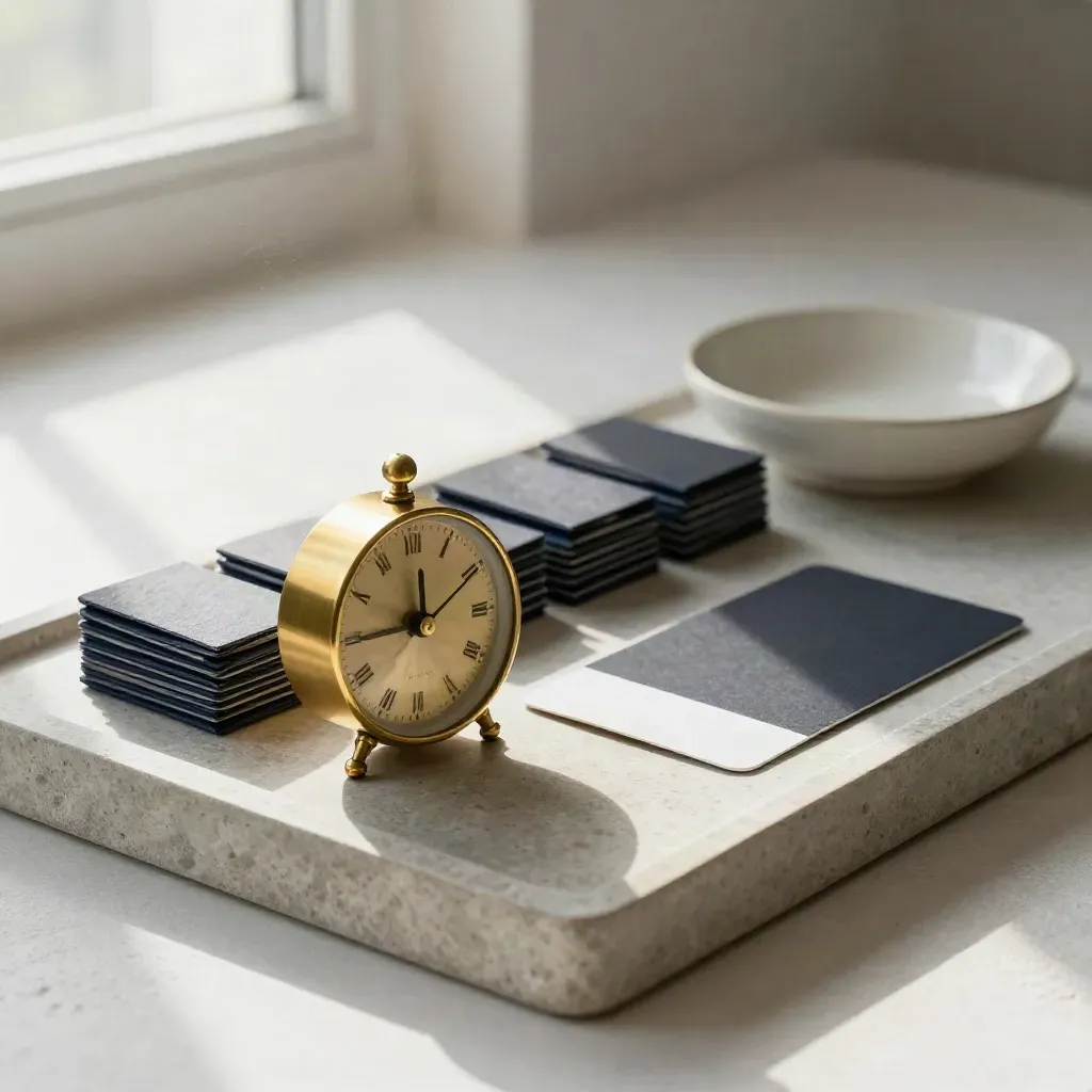 Brass clock with case tabs, slate cloth and ceramic dish on stone tray in soft morning light.