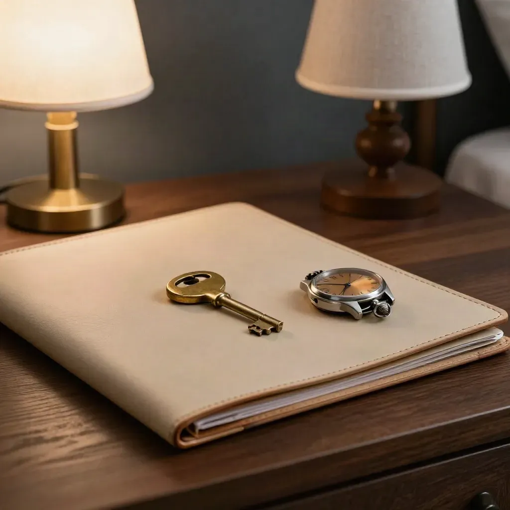 Late-night bedside still life with legal folders, a house key, wristwatch, and lamp