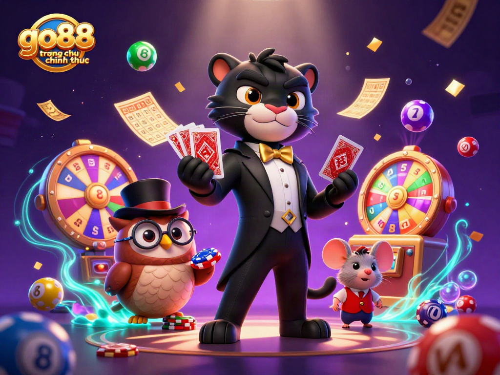 Engage with go88 trang chu chinh thuc featuring a lively casino scene with a tuxedo panther, playful owl, and lucky mouse.