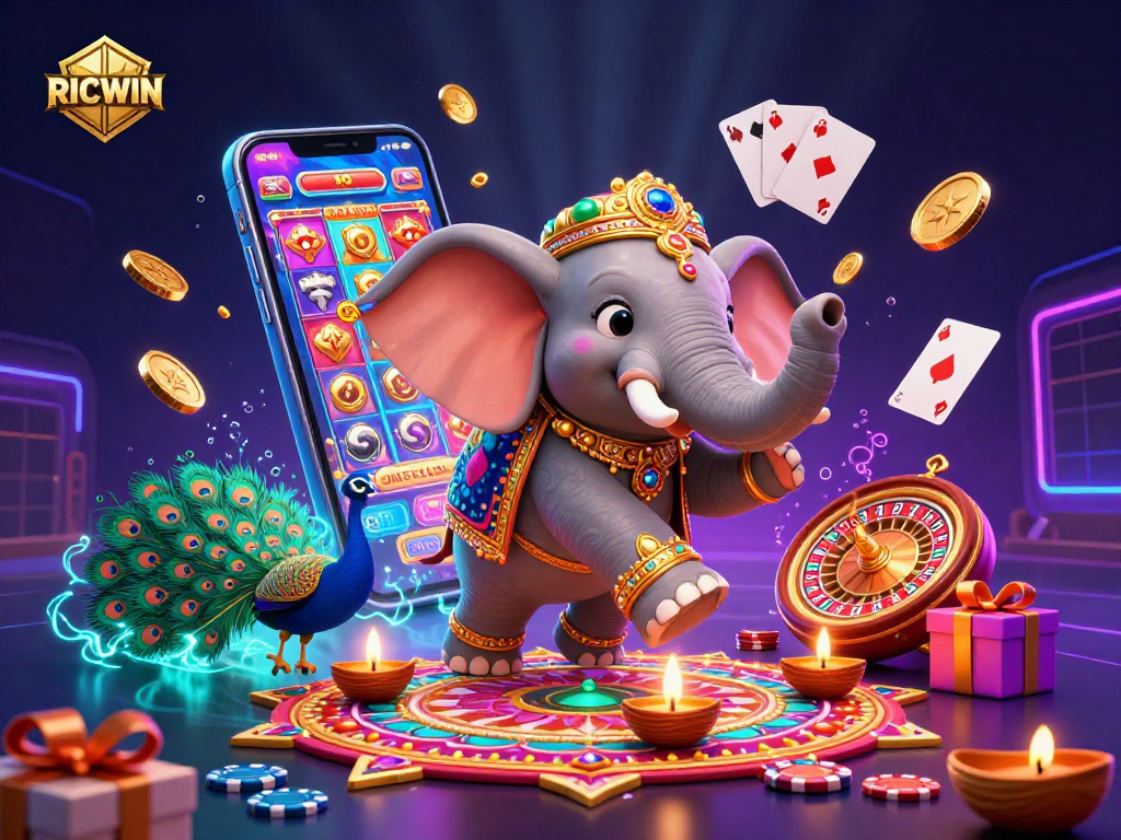 Play the RICWIN slots with a vibrant 3D scene featuring colorful characters and casino elements.