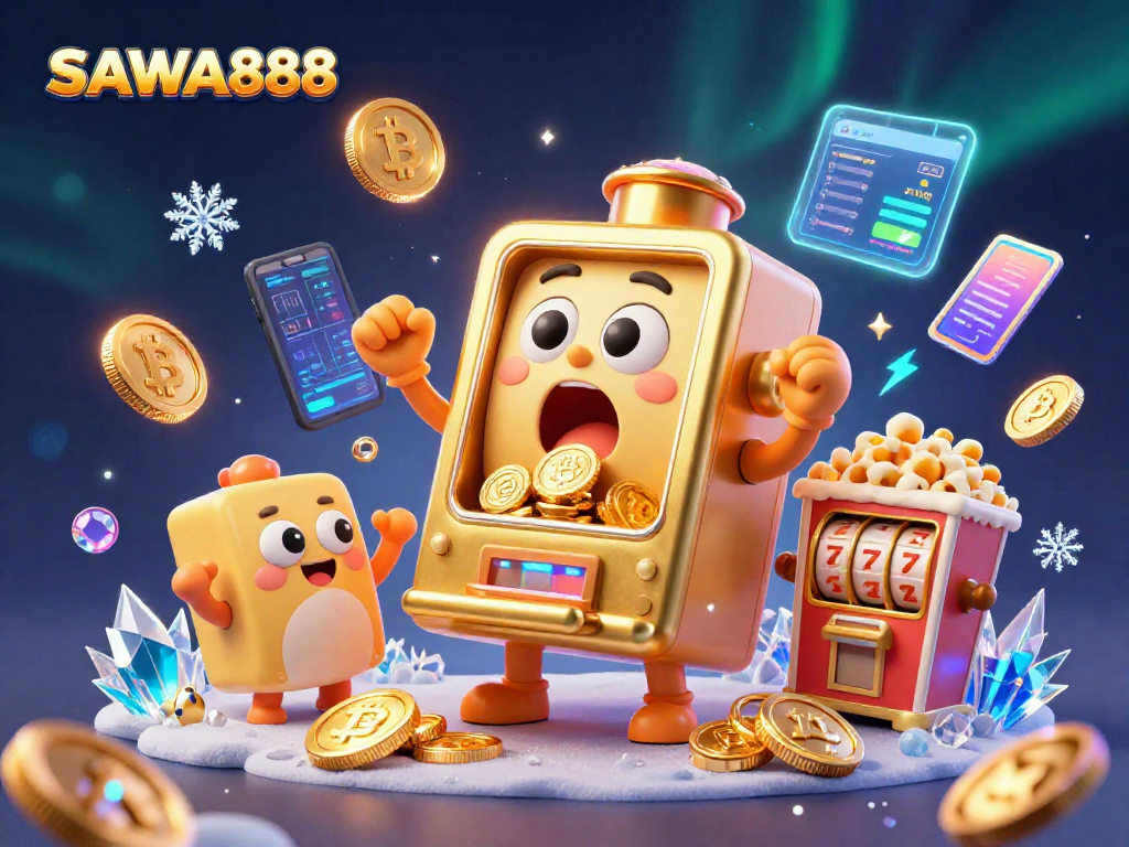 Experience excitement at SAWA888 with a golden slot machine winning and coins pouring, surrounded by vibrant elements.