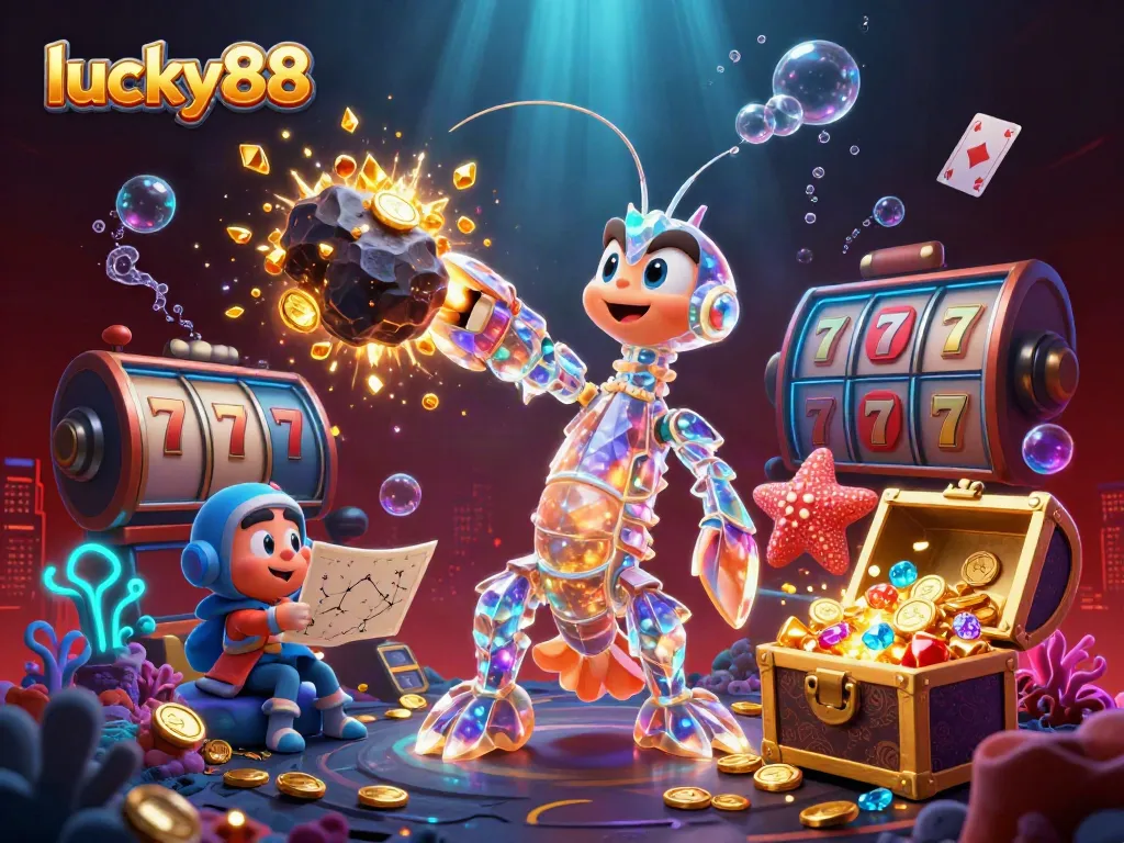 Experience thrilling wins with lucky88, featuring a colorful and dynamic casino scene filled with coins and gems.