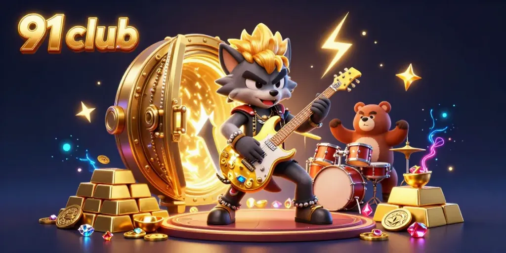 Win with the 91 club in this vibrant casino scene featuring a rock star wolf and treasures.