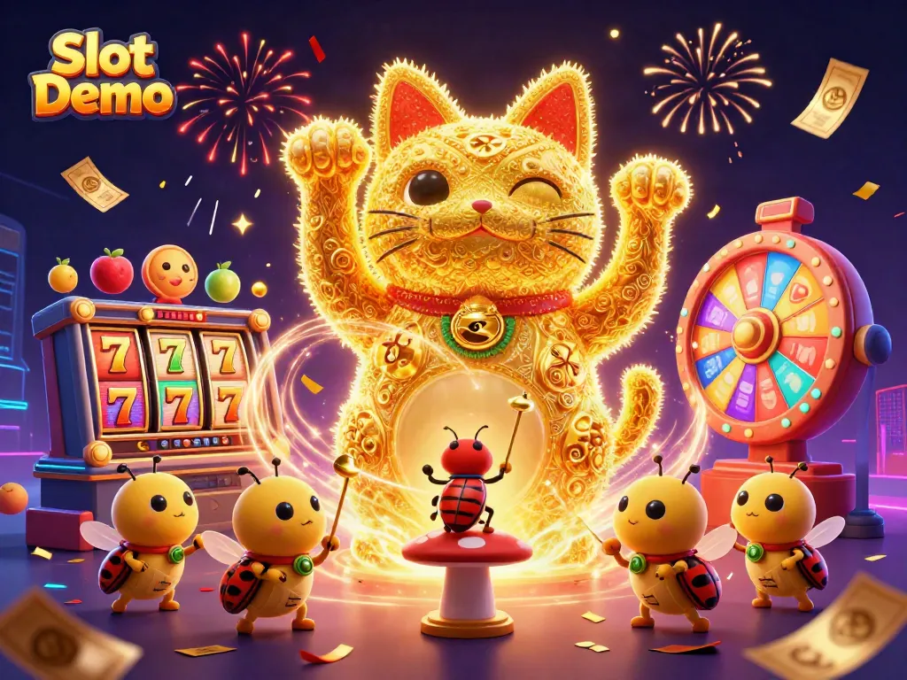 Play the engaging Slot Demo with vibrant slot machine symbols and excitement all around.