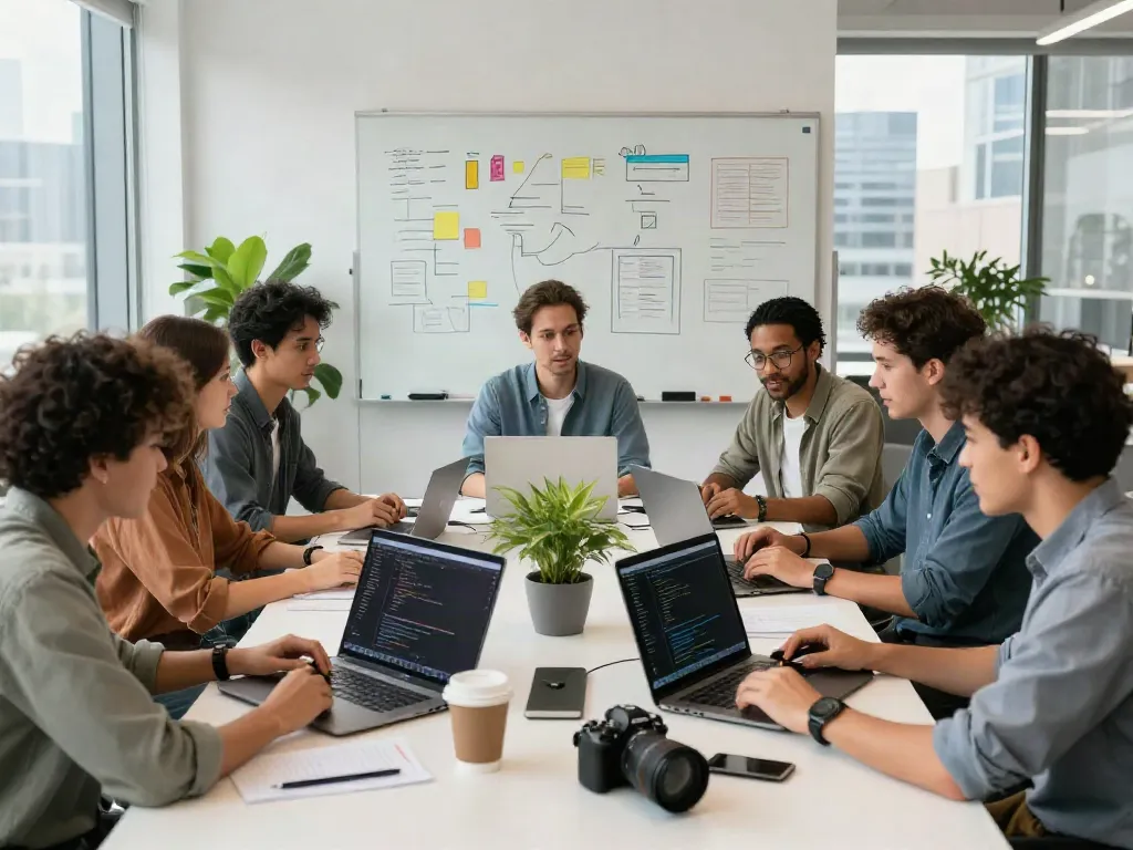 Developers collaborating in a vibrant tech workspace on innovative software projects.