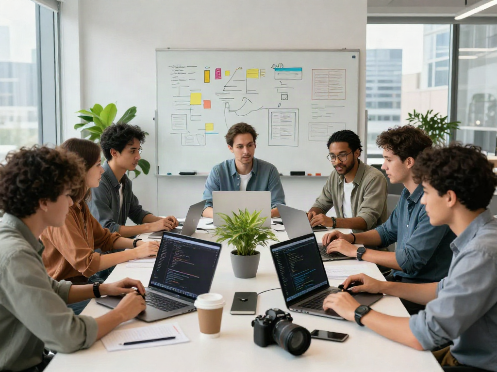 Developers collaborating in a vibrant tech workspace on innovative software projects.